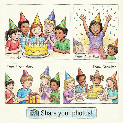 Shared birthday party photo gallery on mobile phone