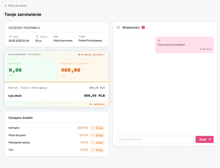 upsell dodatków w systemie rezerwacyjnym bday.love